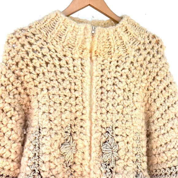 Vintage Norma Canada Sweater Chunky Knit Crochet Boho Beige Wool Full Zip Small - Picture 5 of 8